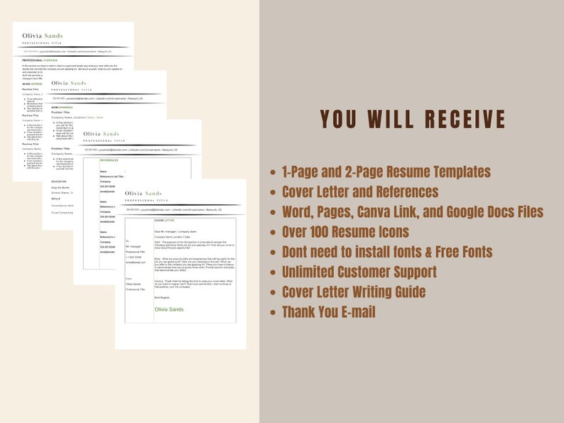 May include: A collection of resume templates with the name "Olivia Sands" displayed on the documents. The right side of the image features text that reads "YOU WILL RECEIVE" followed by a list of features, including resume templates, cover letters, and icons.