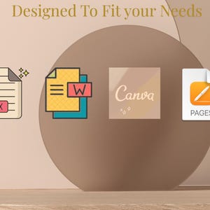 Pu&ograve; includere: Immagine con il testo "Designed To Fit your Needs". L'immagine presenta icone per DOCX, Word, Canva e Pages, su uno sfondo neutro con una grande forma circolare.