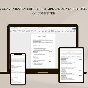 Pu&ograve; includere: Un modello di curriculum digitale visualizzato su laptop, tablet e smartphone. Il testo "YOU CAN CONVENIENTLY EDIT THIS TEMPLATE ON YOUR PHONE, TABLET, OR COMPUTER" &egrave; in alto. Il curriculum &egrave; in bianco e nero.