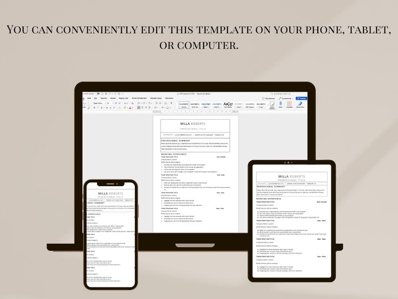 Pu&ograve; includere: Un modello di curriculum digitale visualizzato su laptop, tablet e smartphone. Il testo "YOU CAN CONVENIENTLY EDIT THIS TEMPLATE ON YOUR PHONE, TABLET, OR COMPUTER" &egrave; in alto. Il curriculum &egrave; in bianco e nero.