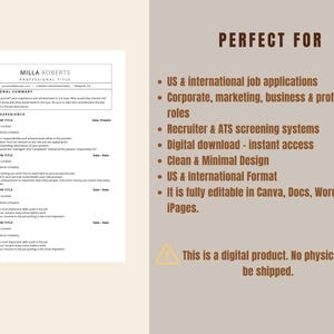Pu&ograve; includere: Un modello di curriculum vitae dal design pulito e minimalista. Include sezioni per il riepilogo professionale e l'esperienza lavorativa. Il testo a destra evidenzia applicazioni internazionali e download digitale. Design pulito e minimalista.