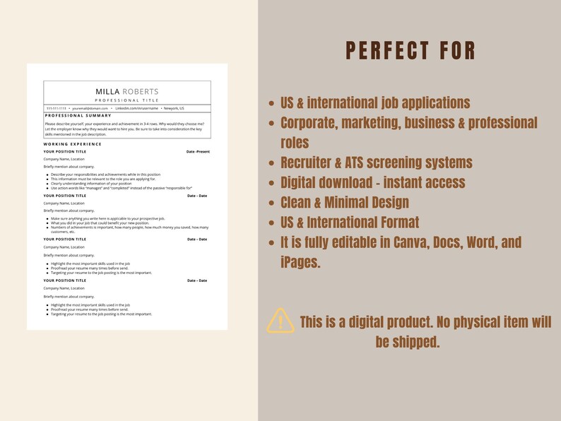 Pu&ograve; includere: Un modello di curriculum vitae dal design pulito e minimalista. Include sezioni per il riepilogo professionale e l'esperienza lavorativa. Il testo a destra evidenzia applicazioni internazionali e download digitale. Design pulito e minimalista.