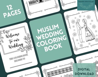 Muslim Wedding Coloring Book, Digital Download, 12 Easy Coloring Pages for Kids