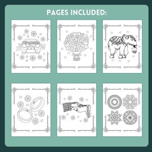 May include: Six black and white coloring pages featuring Indian wedding themes. The pages include a car decorated with flowers, a bouquet of roses, an elephant, two rings, hands with henna, and mandalas.