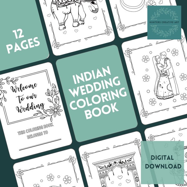 Indian Wedding Coloring Book, Digital Download, 12 Easy Coloring Pages for Kids
