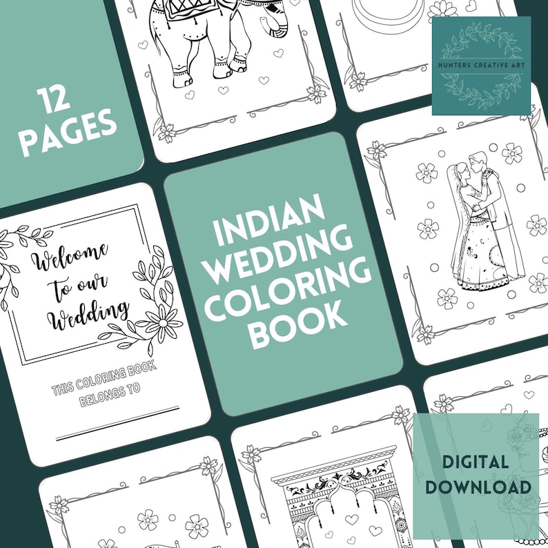 May include: A black and white coloring book with 12 pages featuring illustrations of an Indian wedding. The cover features the text "Indian Wedding Coloring Book" and "Digital Download".