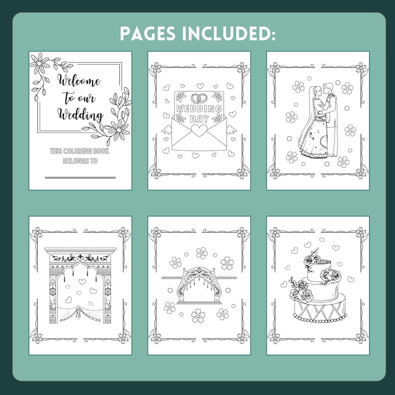 May include: A black and white coloring book with six pages featuring wedding-themed illustrations. The pages include a welcome sign, a wedding ring, a bride and groom, a wedding arch, a wedding canopy, and a wedding cake.