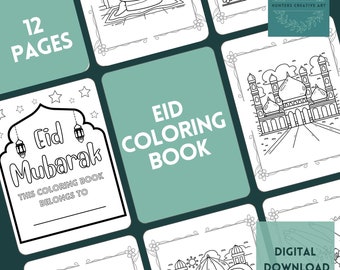 Eid Coloring Book, Digital Download, 12 Easy Coloring Pages for Kids