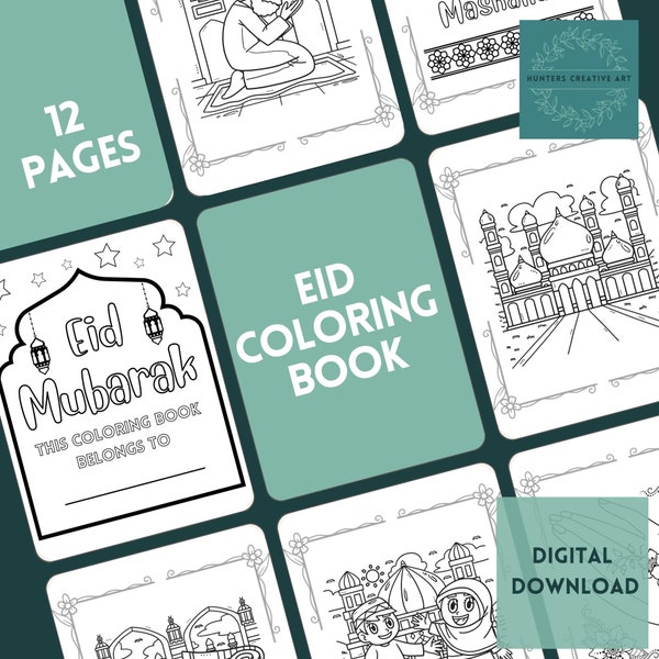 Eid Coloring Book, Digital Download, 12 Easy Coloring Pages for Kids