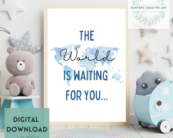 World Map Nursery Print: Blue Travel Decor (Digital Download)