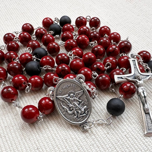 St. Michael Pray for Us, Red and Black Handmade Catholic Rosary