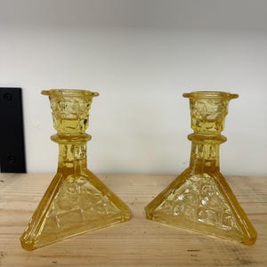 Vintage Amber Glass Candle Holders – Mid Century Modern Pressed Glass Pair – Retro Yellow Taper Candlesticks
