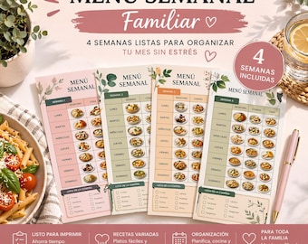 Menú Semanal Familiar PDF | 4 Semanas + Lista de la Compra | Planificador de Comidas Fácil | Weekly Meal Planner | Descarga Instantánea
