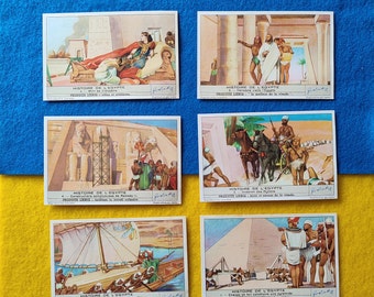 The history of Egypt Cheops Amenemhat Cleopatra Ramesses Liebig Meat Cards Set of 6 French Trade 1947 Vintage Lithography (1462)