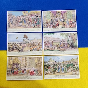 Catalina II de Rusia La coronación en Moscú Pedro el Grande Liebig Tarjetas de carne Juego de 6 Litografías vintage de comercio francés de 1954 (1587)