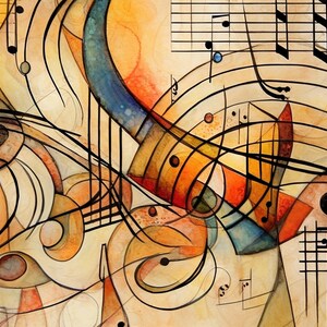 以下が含まれることがあります： オレンジ、イエロー、ブルー、ブラウンの色合いで描かれた、音楽記号と線が組み合わされた抽象画です。