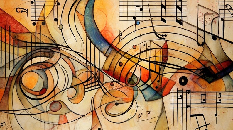以下が含まれることがあります： オレンジ、イエロー、ブルー、ブラウンの色合いで描かれた、音楽記号と線が組み合わされた抽象画です。
