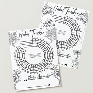 Puede incluir: Dos páginas imprimibles de seguimiento de hábitos con un diseño en blanco y negro. La página superior presenta una abeja y el texto "Habit Tracker" y la página inferior presenta un copo de nieve y el texto "Habit Tracker". Ambas páginas tienen un círculo con los números del 1 al 31 alrededor del exterior y una cuadrícula dentro del círculo. La página superior es para junio y la página inferior es para enero. Ambas páginas tienen un espacio para una afirmación diaria.