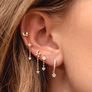 Star and Moon Earrings, Gold Earring Set, Everyday Earring Set, CZ Mini Earrings, Cute Huggie Hoops, Cartilage Earrings