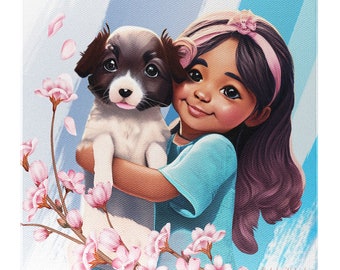 A beautiful Girl with a Puppy Digital Art on Canvas - Digital Painting, Wall Art Décor, kids Room Decoration, Personalised Portrait Welcome