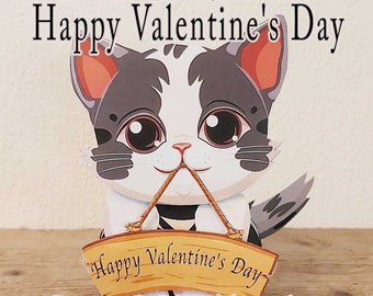 Papercraft Valentine's Day Cat Template, Kitten Craft 3D Model, Printable set, Black and White Cat, Cut and Paste Craft, Cute Cat Ornaments