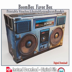 Modelo de caixa de presente Ghetto Blaster, caixa de lembrancinhas BoomBox de papel 3D, decoração vintage de hip hop, caixa de presente com tema musical, modelo de caixa de presente, PDF para impressão