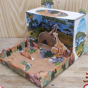 Kit diorama di giraffa in scatola da scarpe - Progetto di habitat della giungla 3D stampabile, progetto di carta per bambini, presentazione scolastica o tema savana