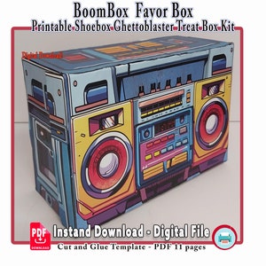 Caixa de lembrancinhas BoomBox de papel 3D, decoração vintage de hip hop, modelo de caixa de presente Ghetto Blaster, caixa de presente com tema musical, modelo de caixa de presente, PDF para impressão