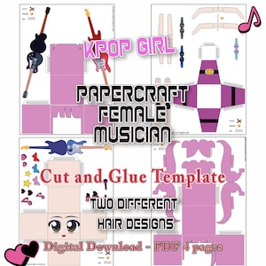 Modello musicista femminile artigianale di carta, vestire ragazza anime, set stampabile di rock band, giocattolo di carta coreano, bambola Kpop artigianale di carta Pepakura Low Poly