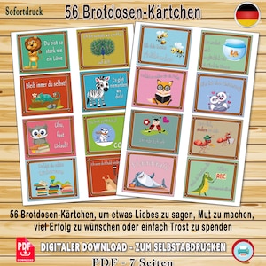 56 afdrukbare lunchtrommelnotities in het Duits: schattige geïllustreerde kaarten om kinderen aan te moedigen, te troosten en aan het lachen te maken