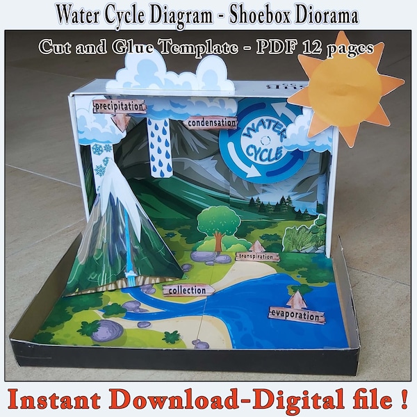 Shoebox Water Cycle Diagram Diorama, Create your own Papercraft Water cycle, Cut and assembly Water Cycle Model, Printable science display