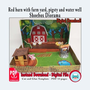 Celeiro vermelho com curral, chiqueiro e poço de água Diorama de caixa de sapatos, Crie seu próprio recorte de decoração de celeiro, Corte e montagem, PDF para impressão de animais
