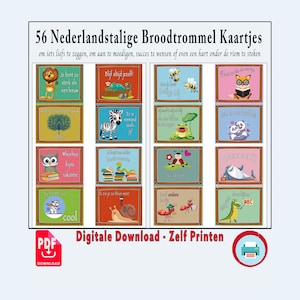 56 Nederlandstalige Broodtrommel Kaartjes, Nederlandse Broodtrommel Briefjes, Vrolijk geïlustreerde lunchbox kaartjes om zelf te printen