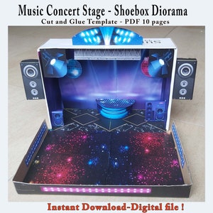 Diorama de caixa de sapato para palco de concerto musical, crie seu próprio teatro, corte e monte o kit de palco incluindo caixas em miniatura, PDF para impressão Pódio