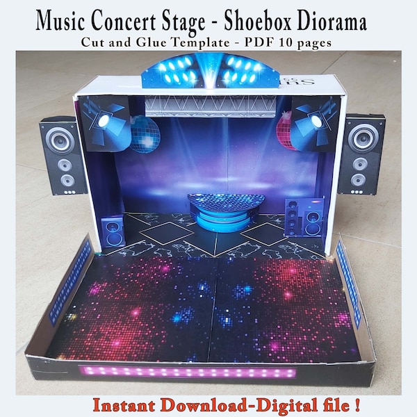 Music Concert Stage Shoebox Diorama, Create your own Theater, Cut and assembly Stage kit including miniature boxes, Printable PDF Podium