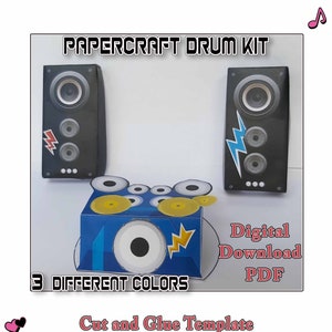 Modello kit batteria artigianale in carta, banda per ragazze da vestire, set rock band stampabile, giocattolo di carta coreano, Pepakura, musicisti Kpop artigianali in carta low poly