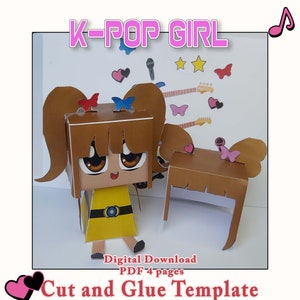 Vestir a una chica anime, Chica Kpop artesanal de papel, Plantilla, Conjunto de banda de rock imprimible, Juguete de papel coreano, Pepakura 3D, Muñeca manga artesanal de papel de baja poli