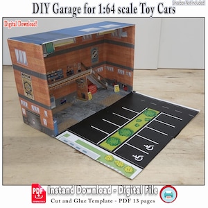 DIY Garage for 1:64 scale Toy Cars, Paper Craft Miniature Car Garage Set, 1/64 display, Auto Repair Shop Display, Diorama, Digital Download
