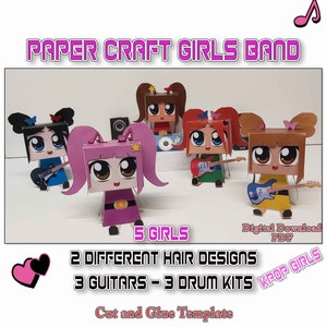 Modello per banda ragazza artigianale in carta, vestire ragazza anime, set stampabile per banda rock, kit di 3 tamburi e 3 chitarre, giocattolo di carta, bambola Manga low poly, Pdf