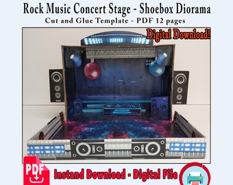 Rock Music Concert Stage Shoebox Diorama, Create your own Theater, Cut and assembly Stage kit including miniature boxes, Printable Podium