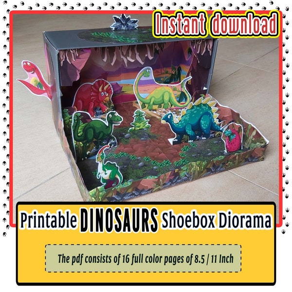 Dinosaurs Printable Paper Shoebox Diorama, Dino Paper Craft 3D Pop Up Template, Stop Motion Animation and Prehistoric Toy Backdrop Scene