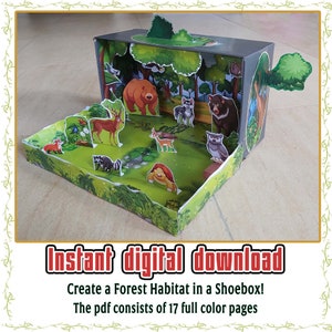 Kit Diorama scatola di scarpe stampabile. Crea un habitat forestale. Lavoretti con la carta per bambini. Modelli teatrali di carta stampabili, lezioni di oggetti naturali