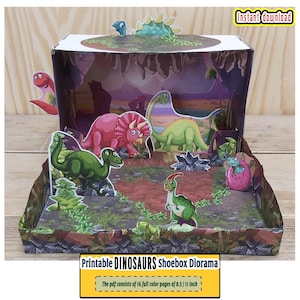 Dinosaurier Papier-Schuhkarton-Diorama zum ausdrucken, Dino Papier Handwerk 3D Pop-Up Vorlage, Stop-Motion-Animation und prähistorische Spielzeug Hintergrundszene