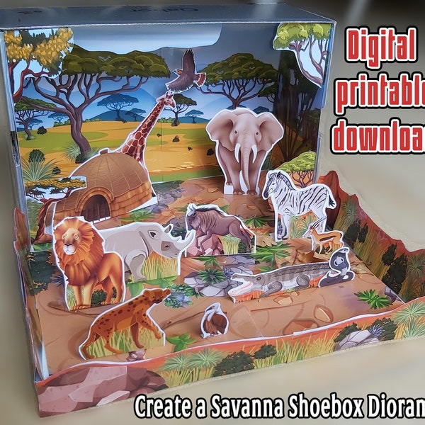 Druckbares Schuhkarton-Diorama-Kit, Erstellen Sie einen Savannen-Lebensraum, Tiere enthalten, Natürliche Objektlektionen, druckbare Papier-Spielzeugtheater-Vorlagen
