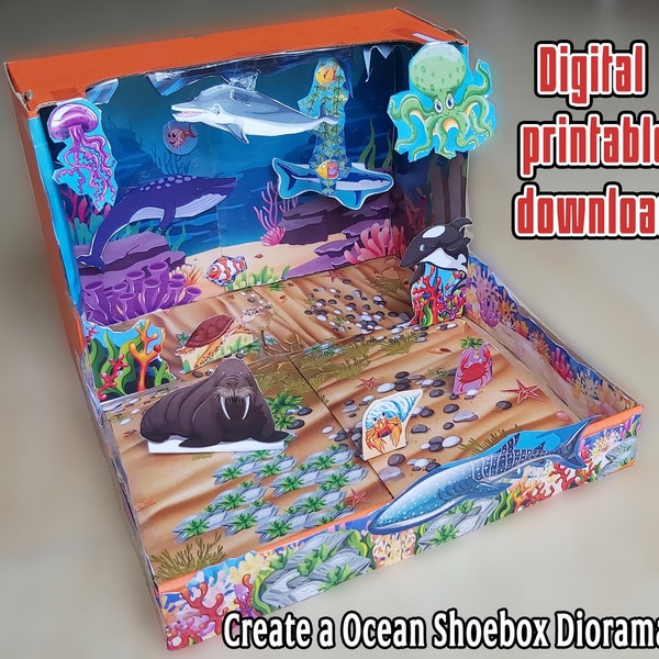 Proyecto de caja de zapatos de corte y pegado de diorama imprimible, creación de un hábitat oceánico, teatro de muñecas de papel, animación stop motion, actividad de artesanía en papel PDF