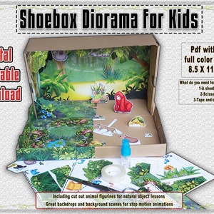 Diorama de caixa de sapatos de ecologia e biologia para impressão, crie seu próprio habitat na floresta tropical, animais de papel em escala 1:12, projeto STEM para impressão instantânea