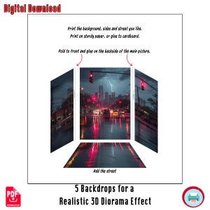 Conjunto de fondo de diorama imprimible de ciudad lluviosa – Escena para exhibir figuras de acción – 5 fondos de calles urbanas con pisos – Kit de modelo de papel