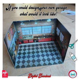 1/18 Scale 1950s Garage Diorama – Vintage Car Workshop Display – Classic Car Backdrop – Large Printable PDF – Split Pages for Easy Build
