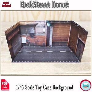 Puede incluir: Un fondo de vitrina de juguetes a escala 1/43 con una escena callejera. El telón de fondo presenta una ilustración detallada de una calle trasera con paredes de ladrillo, puertas de garaje metálicas y una carretera con marcas viales blancas. El texto "BackStreet Insert" está en la parte superior.