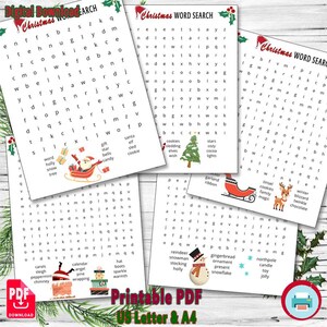 May include: A collection of printable Christmas word search puzzles. Each page features a grid of letters with hidden holiday-themed words. Includes Santa, elves, and other festive images. The PDF is available in US Letter and A4 sizes.